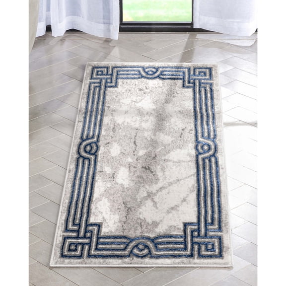 Well Woven Lezlee Abstract Modern 2' x 3' Area Rug - Blue Marble Border - For Entryway, Office, Accent