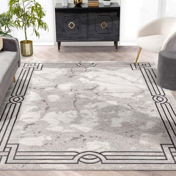 Well Woven Lezlee Grey Retro Border Marble Pattern Area Rug 5x7 (5'3" x 7'3")