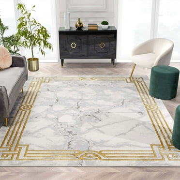 Well Woven Lezlee Ivory & Gold Retro Border Marble Pattern Area Rug 5x7 (5'3" x 7'3")