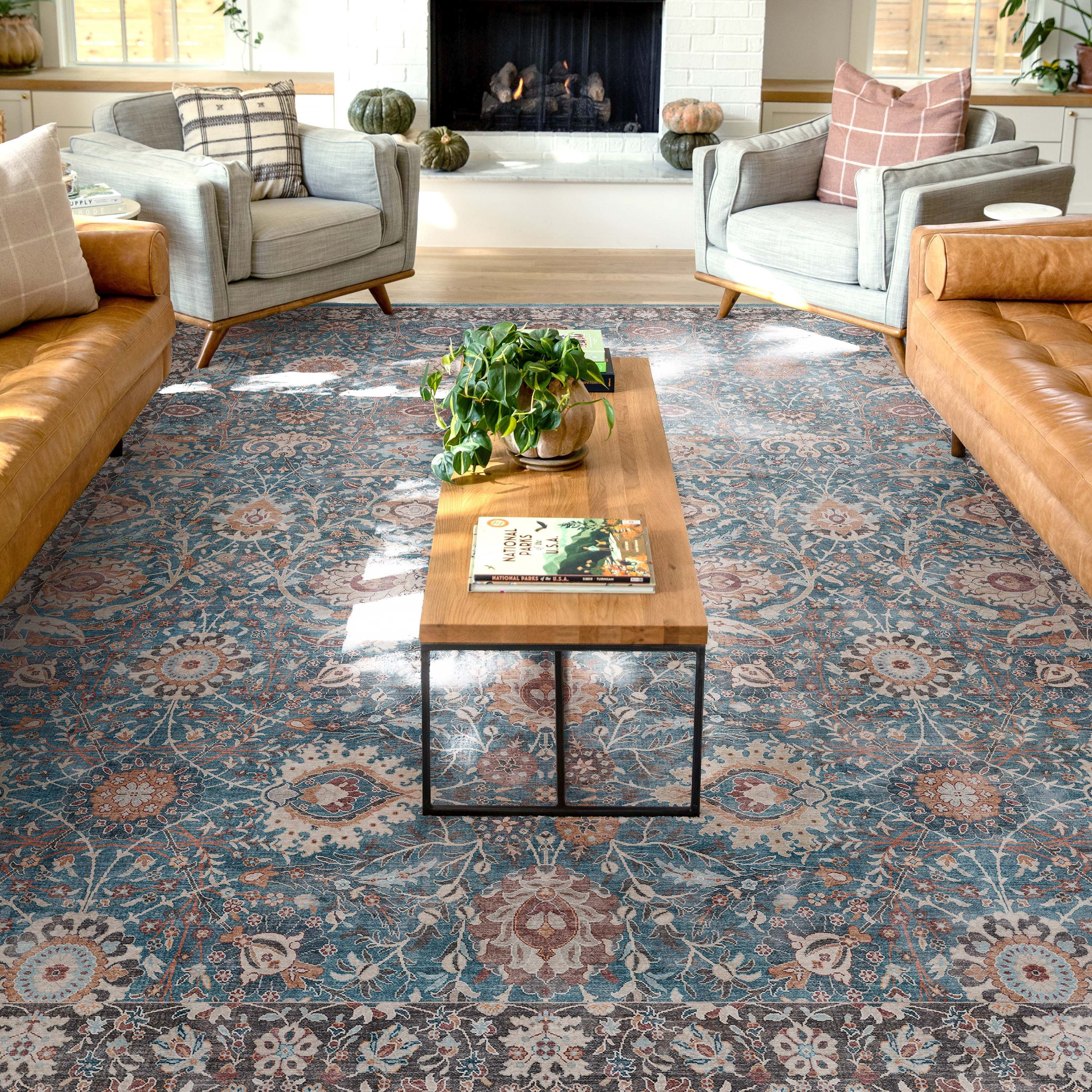 Teal Blue Vintage Floral 9'10" x 13' Washable Area Rug