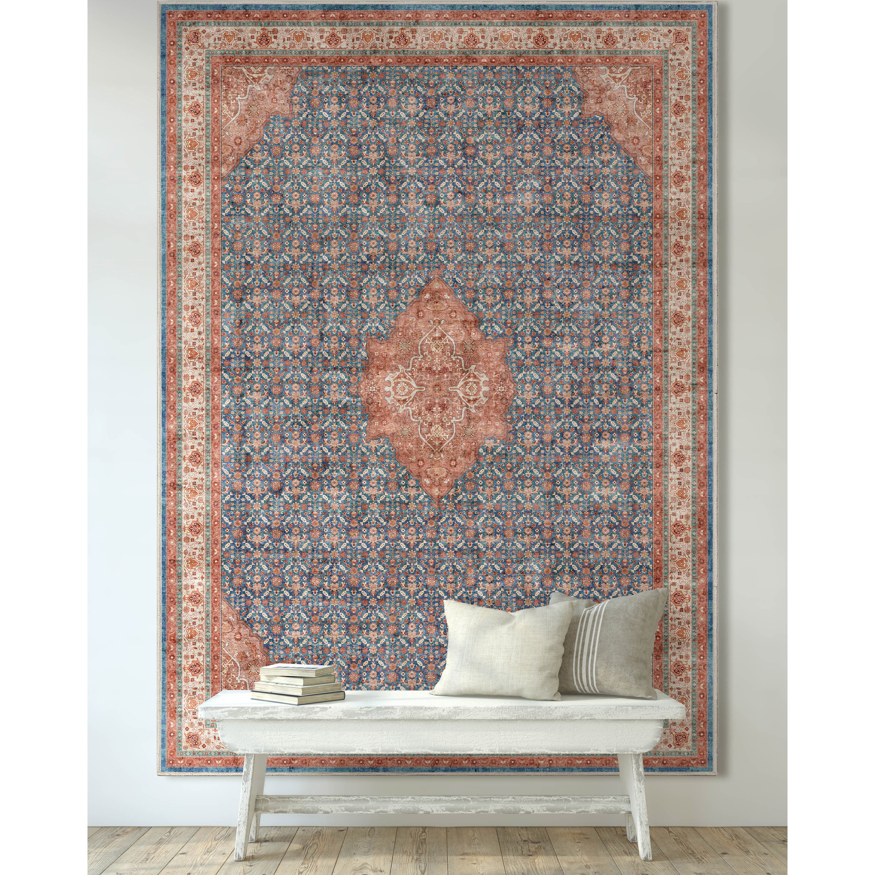 Blue Red 5' x 7' Chenille Oriental Area Rug