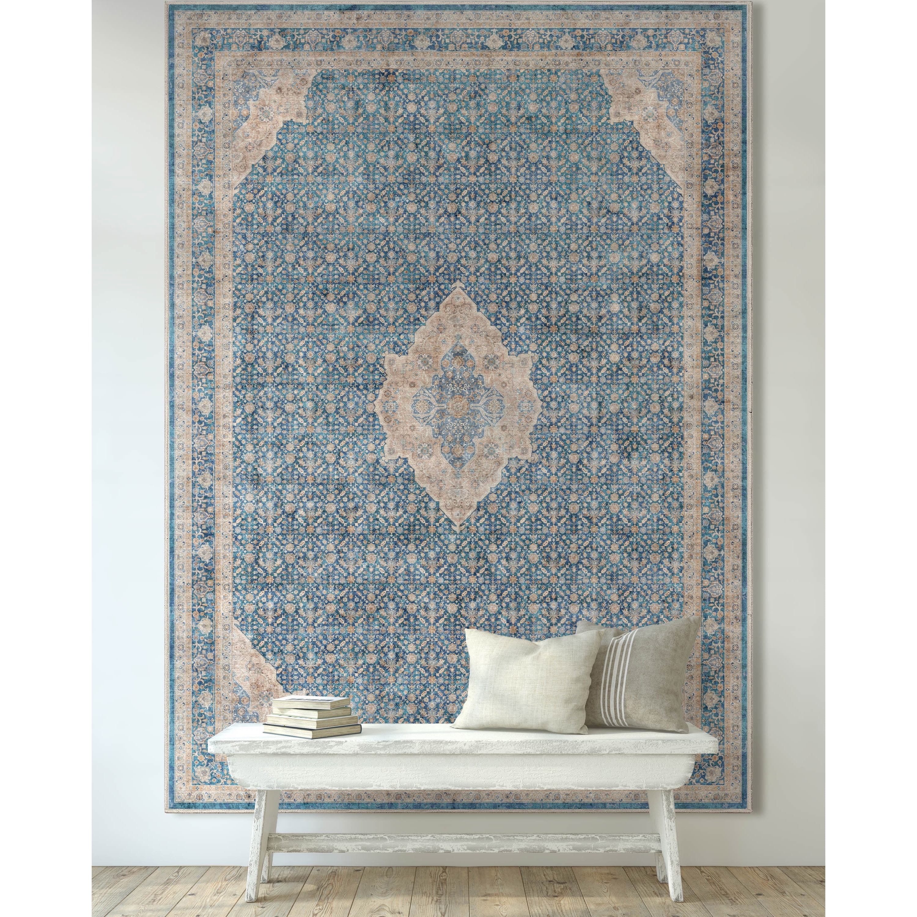 Blue Chenille Oriental Washable Reversible 5' x 7' Rug