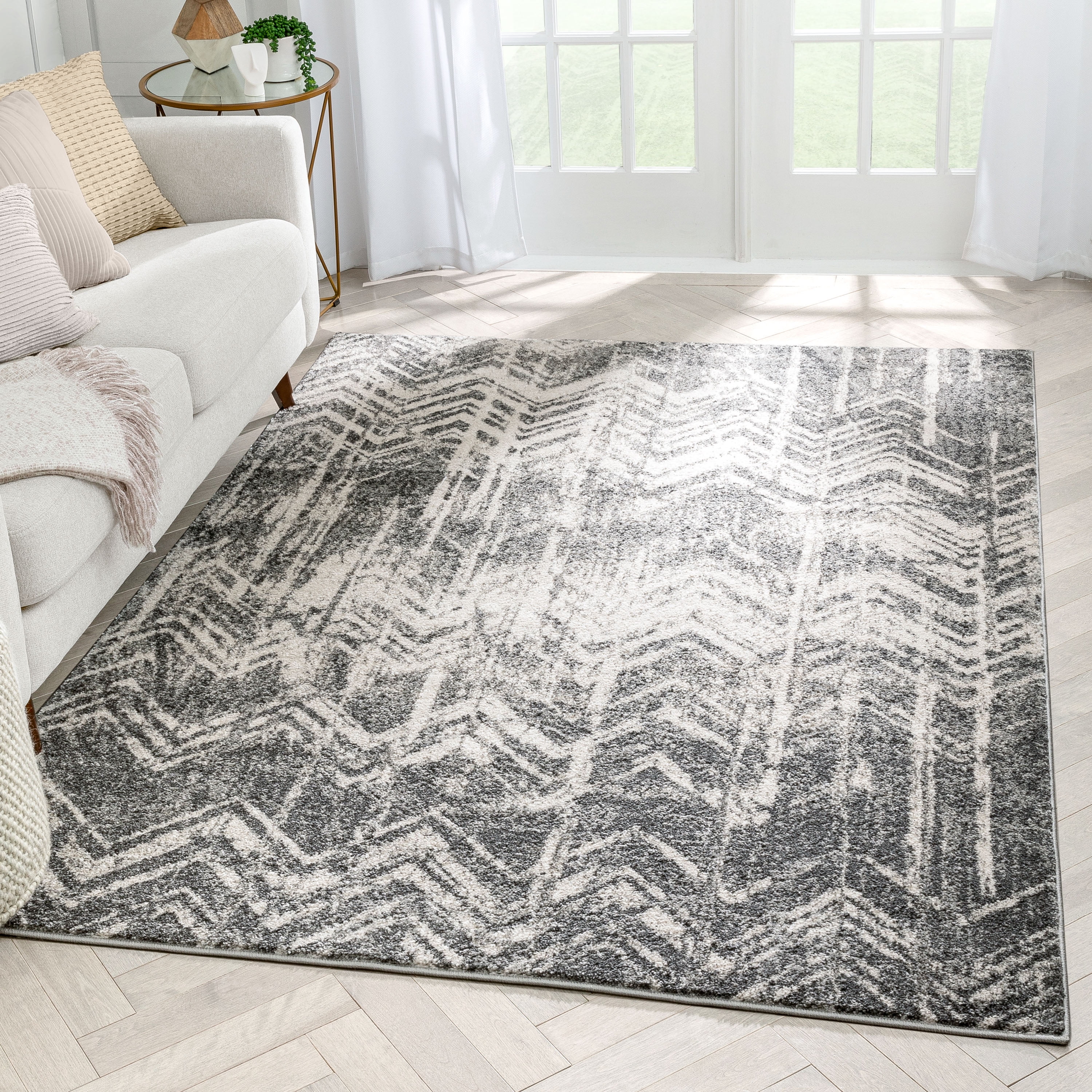 Well Woven Lisbon Julie Distressed Chevron Stripes Grey 7'10" x 9'10" Area Rug