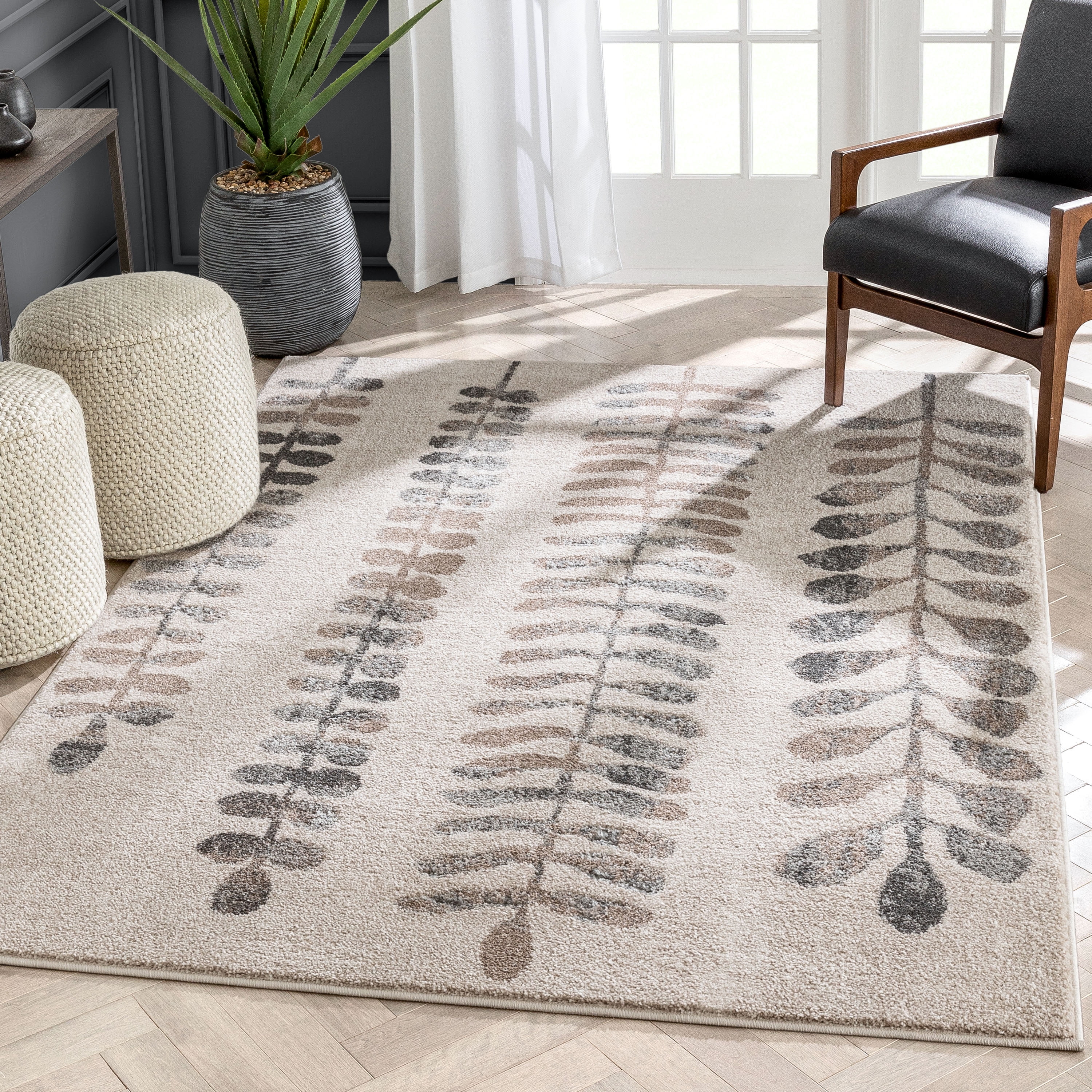 Ivory Botanical Abstract Leaves Pattern Area Rug 5'3" x 7'3"