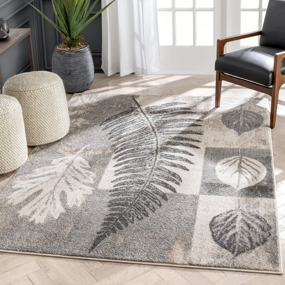 Well Woven Lisbon Odette Botanical Transitional Leaves Pattern Grey Retro 5'3" x 7'3" Area Rug