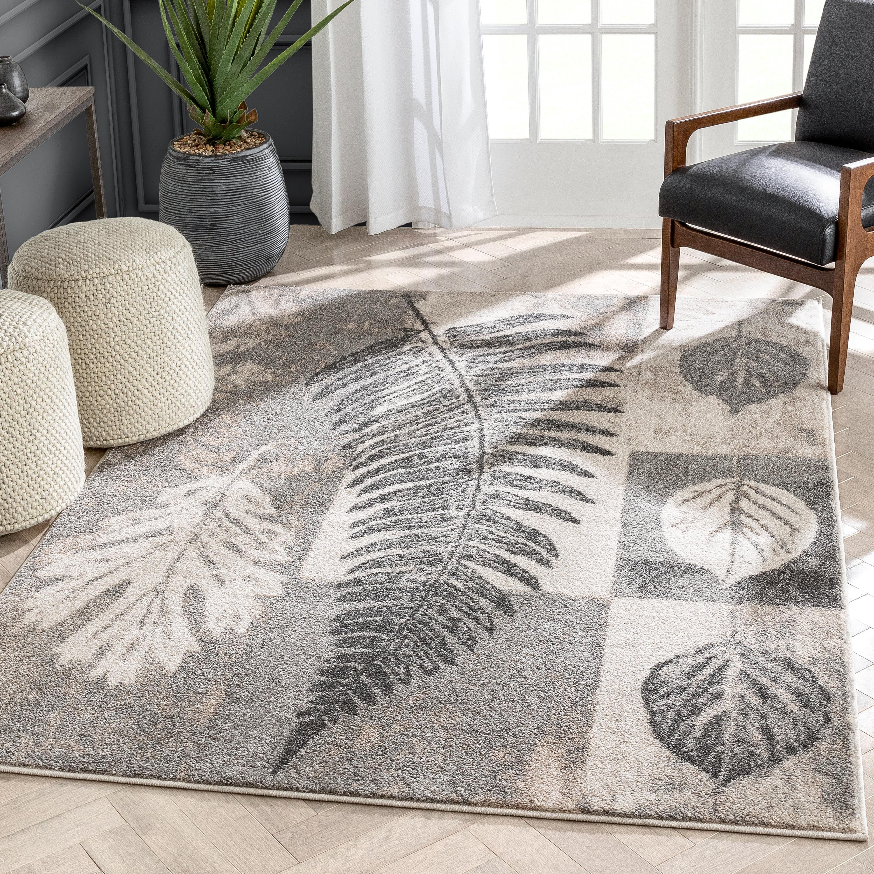 Well Woven Lisbon Odette Botanical Transitional Leaves Pattern Grey Retro 7'10" x 9'10" Area Rug
