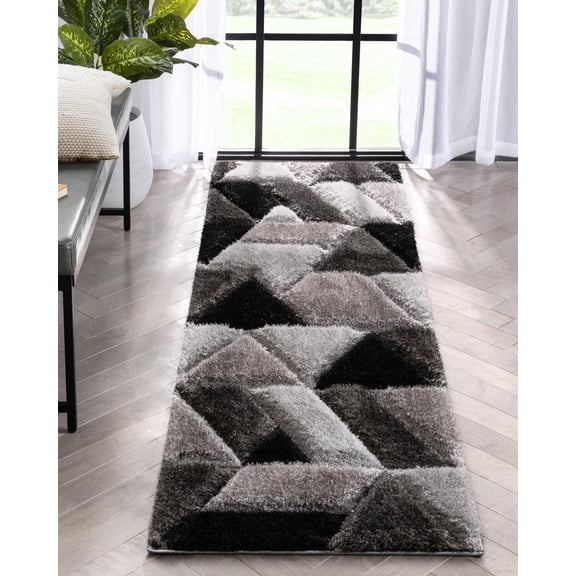 Well Woven Loecke Black Boxes Geometric 3D Textured Shag Runner 2'3" x 7'3"