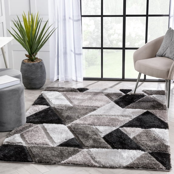 Well Woven Loecke Black Triangle Boxes Geometric Thick Soft Plush 3D Textured Shag 8x10 (7'10" x 9'10") Area Rug
