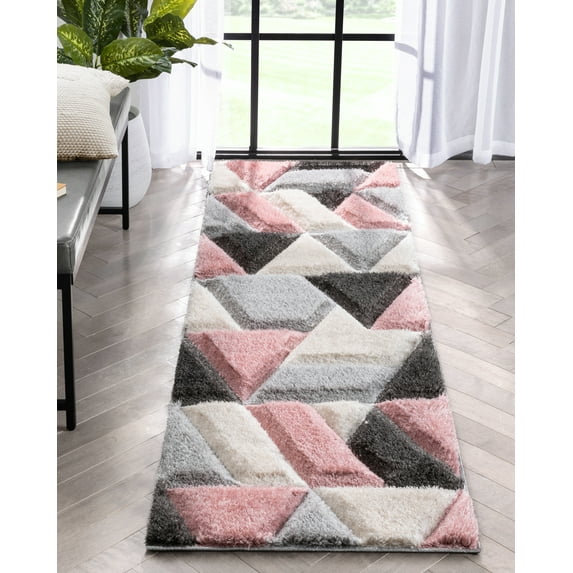 Well Woven Loecke Blush Triangle Boxes Geometric Thick Soft Plush 3D Textured Shag Runner 2x7 (2'3" x 7'3")