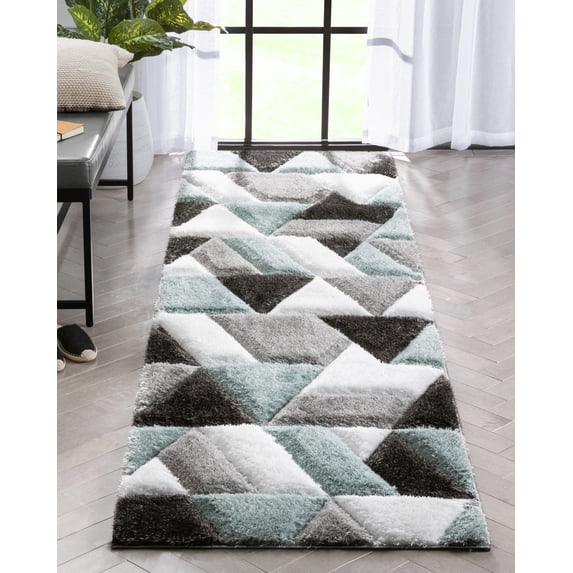 Well Woven Loecke Light Blue Boxes Geometric 3D Textured Shag 2'7" x 9'10"