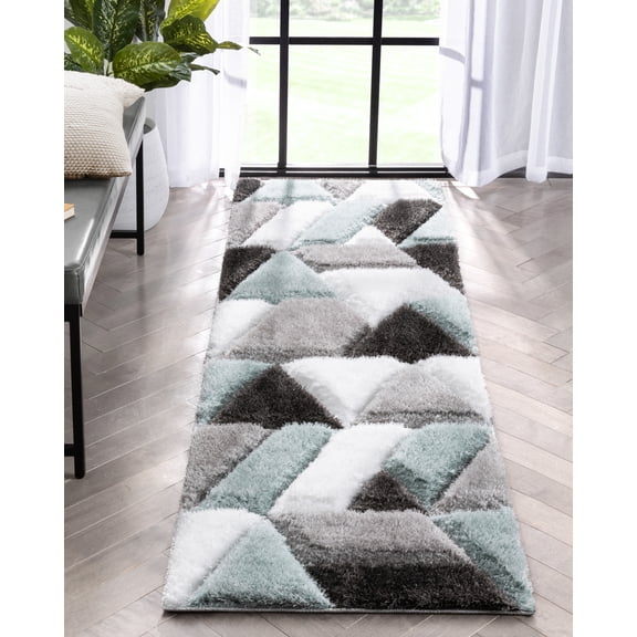 Well Woven Loecke Light Blue Triangle Boxes Geometric 3D Textured Shag Runner 2'3" x 7'3"