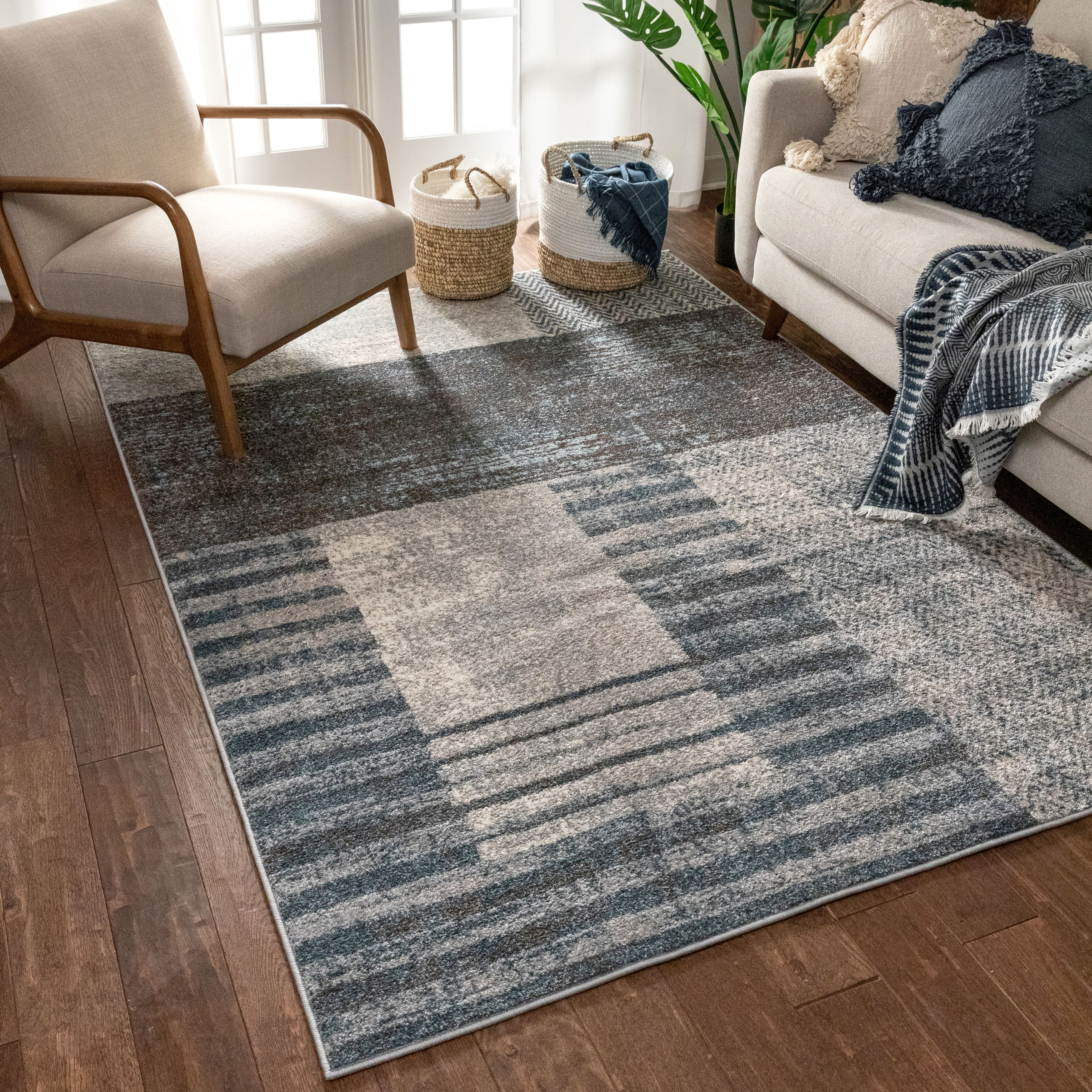 Well Woven Loket Grey Modern Geometric Boxes & Stripes Pattern Area Rug ...