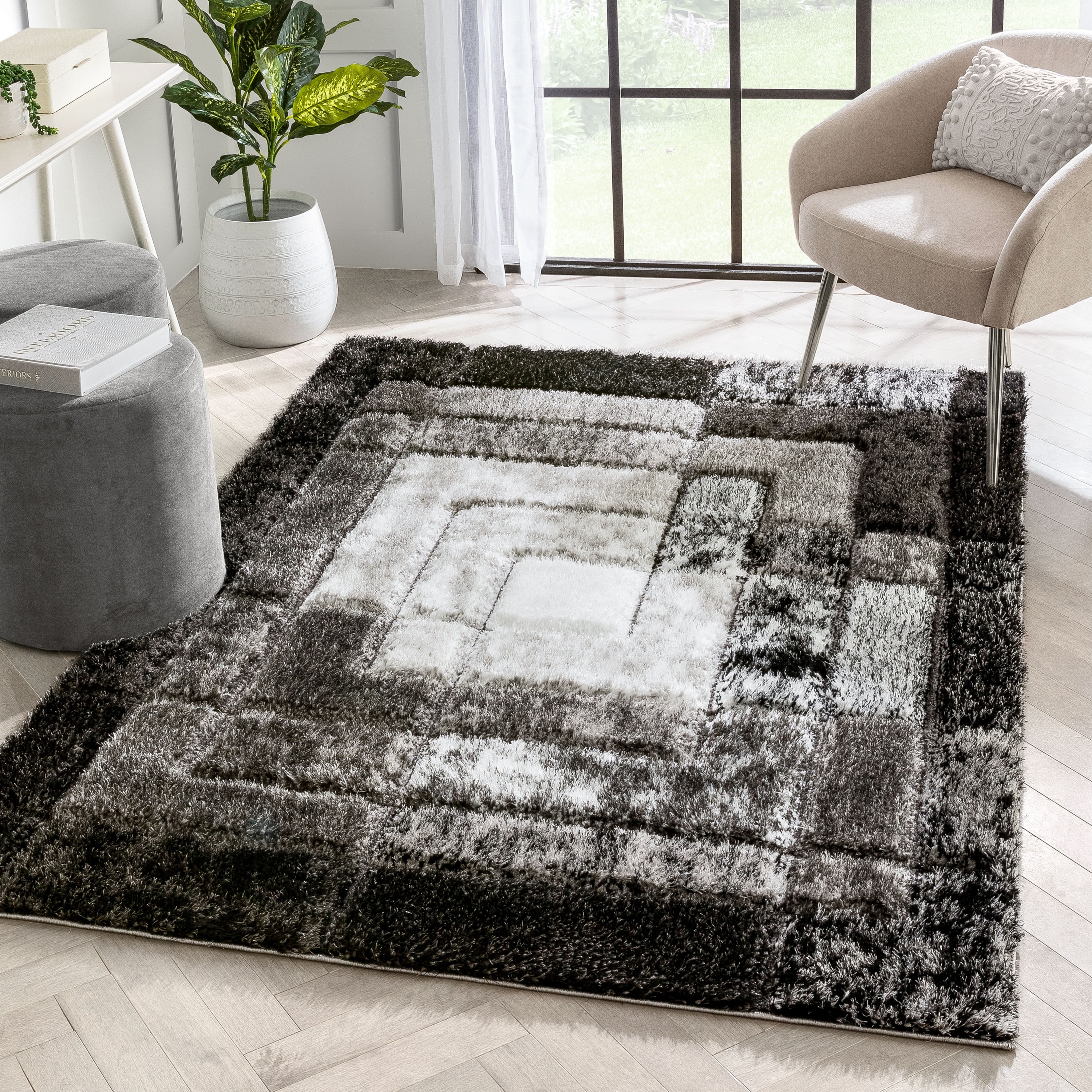 Well Woven Lolly Kenzo Retro Geometric Pattern Black Grey 3'11