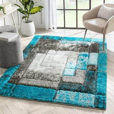 Well Woven Lolly Kenzo Retro Geometric Pattern Teal Grey 3'11" x 5'3" 3D Texture Shag Area Rug