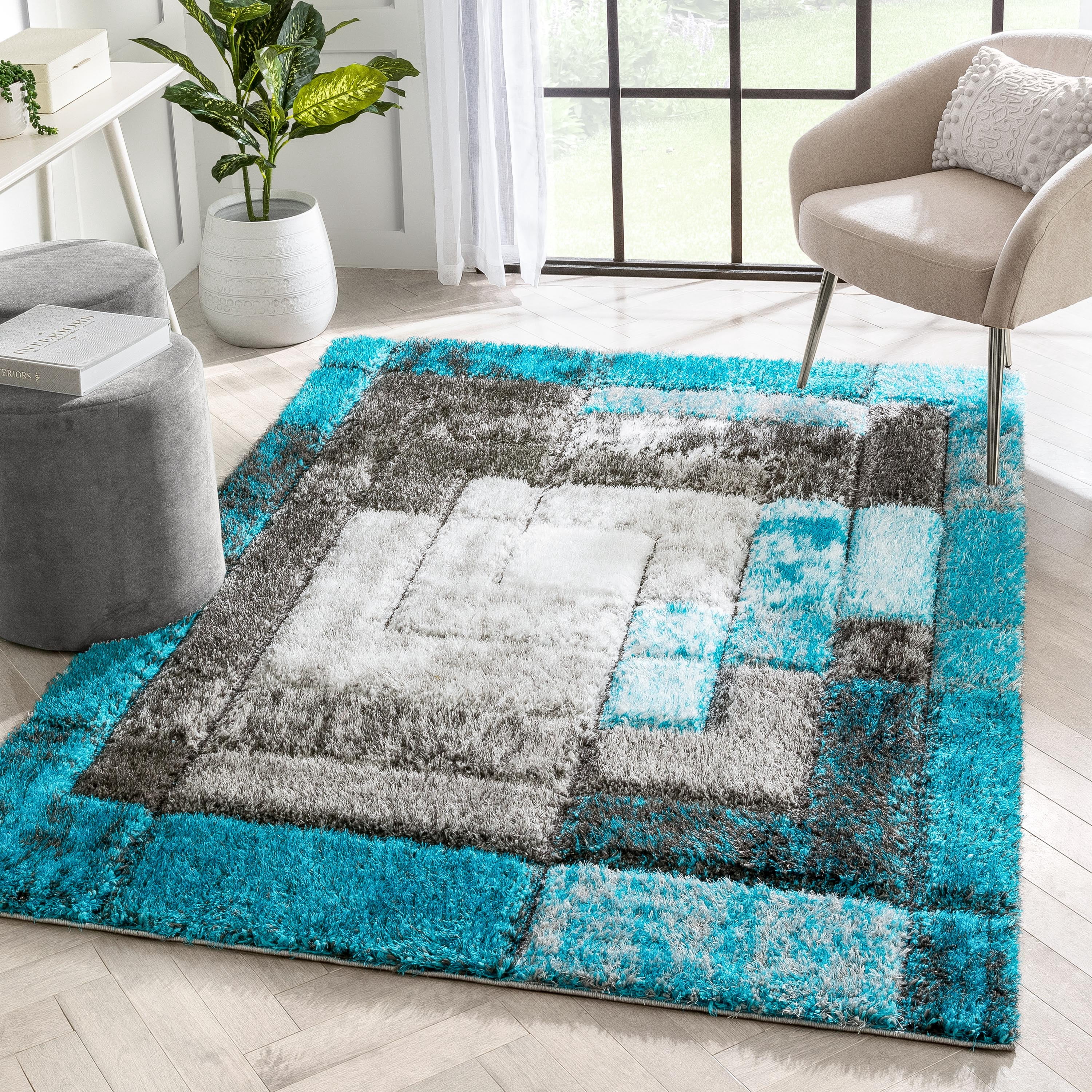 Well Woven Lolly Kenzo Retro Geometric Pattern Teal Grey 5'3" x 7'3" 3D Texture Shag Area Rug