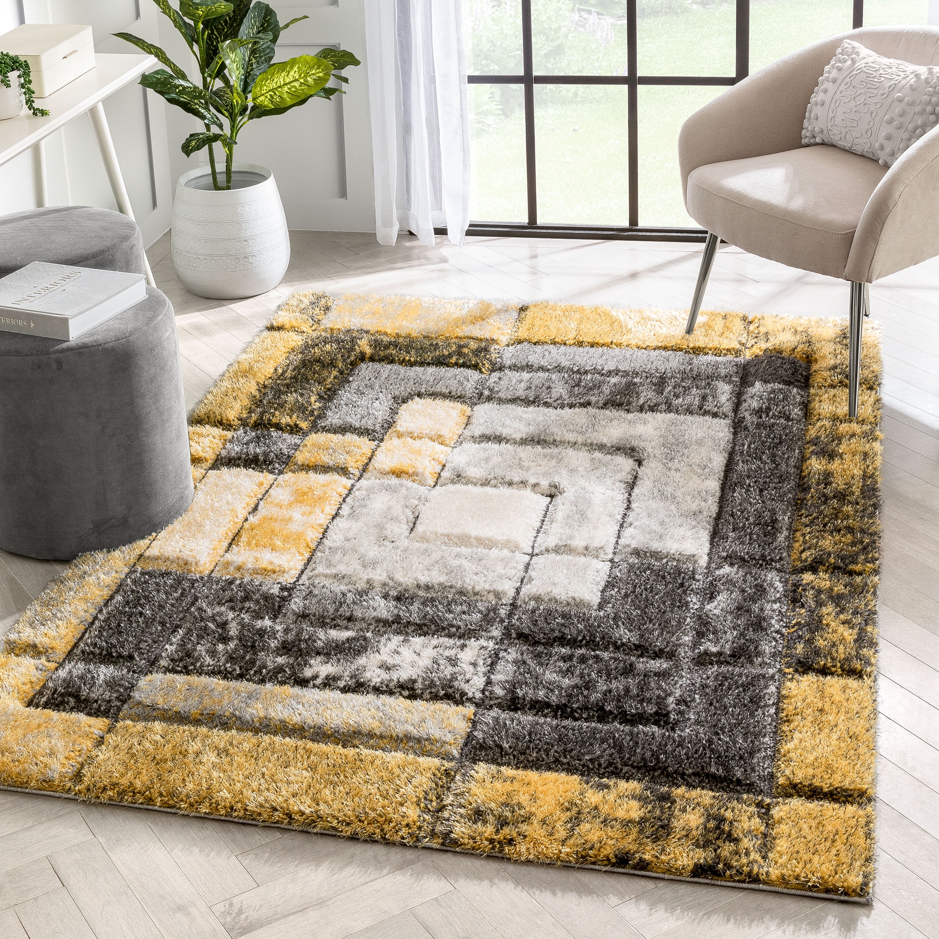 Well Woven Lolly Kenzo Retro Geometric Pattern Yellow Grey 9'3" x 12'6" 3D Texture Shag Area Rug