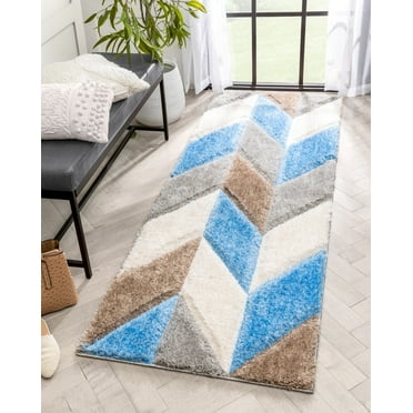 Well Woven Lolly Mika Retro Zig-Zag Pattern Grey Light Blue 2'7" x 7'3" Runner 3D Texture Shag Area Rug