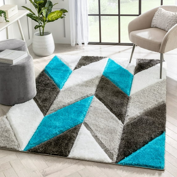 Well Woven Lolly Mika Retro Zig-Zag Pattern Teal Grey 9'3" x 12'6" 3D Texture Shag Area Rug