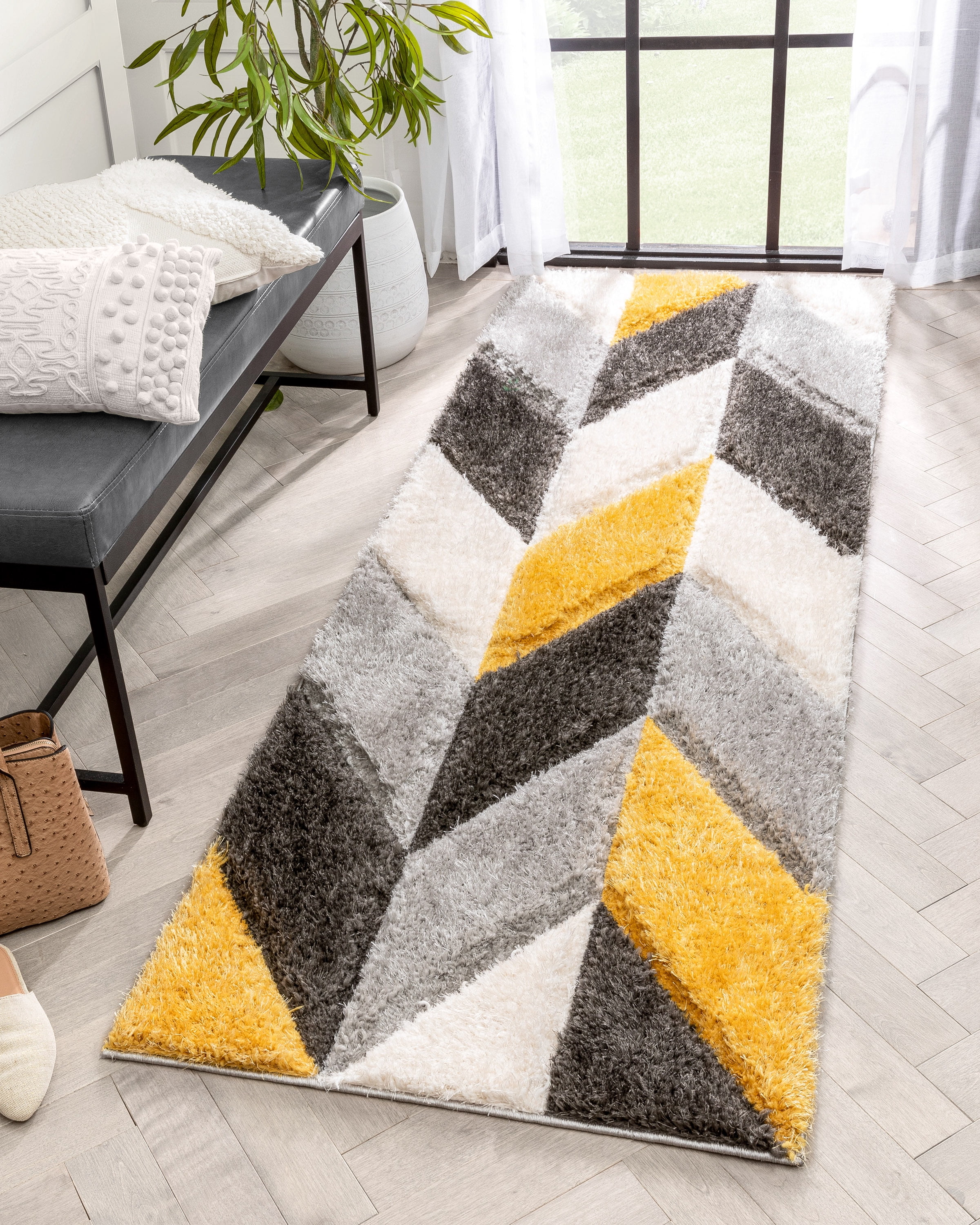 Well Woven Lolly Mika Retro Zig-Zag Pattern Yellow Grey 2'7" x 7'3" Runner 3D Texture Shag Area Rug