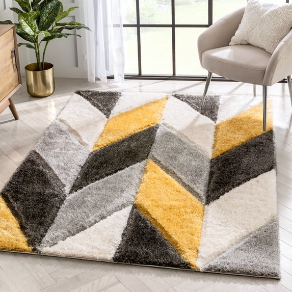 Well Woven Lolly Mika Retro Zig-Zag Pattern Yellow Grey 3'11" x 5'3" 3D Texture Shag Area Rug
