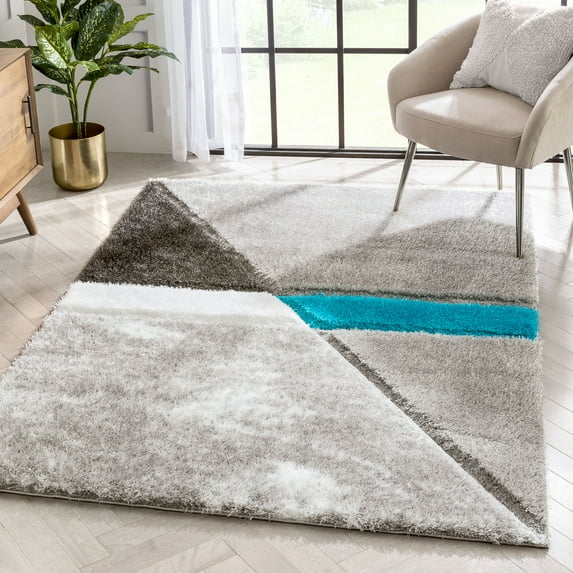 Well Woven Lolly Mori Abstract Geometric Grey Blue 7'10" x 9'10" 3D Texture Shag Area Rug
