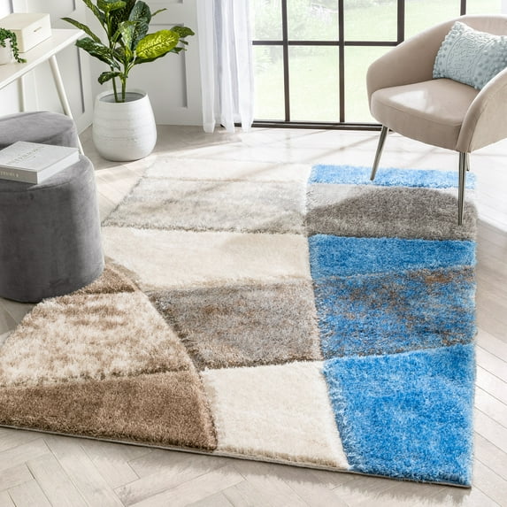 Well Woven Lolly Remi Contemporary Geometric Boxes Grey Light Blue 5'3" x 7'3" 3D Texture Shag Area Rug