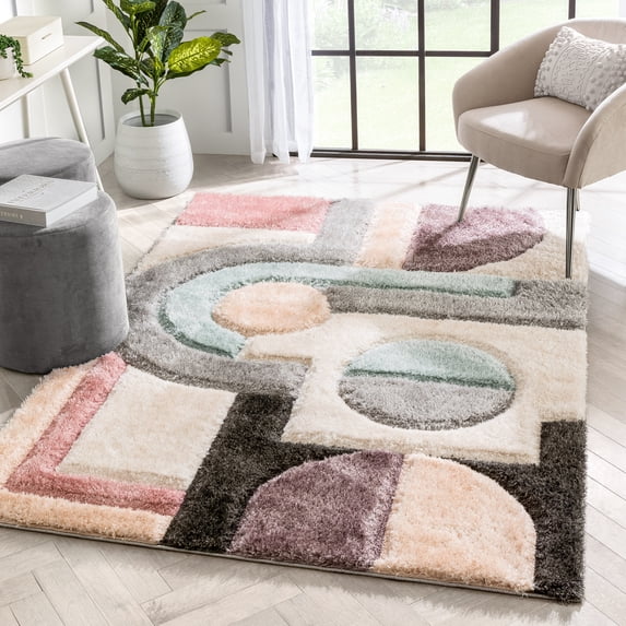 Well Woven Lolly Remi Geometric Stripes Grey Purple 5'3" x 7'3" 3D Texture Shag Area Rug