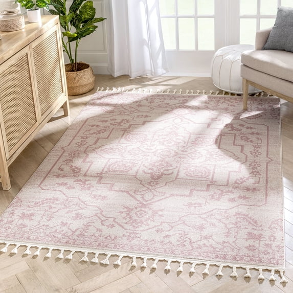 Well Woven Loop-De-Loop Valentina Medallion Botanical Blush Kilim-Style 5'3" x 7'3" Area Rug