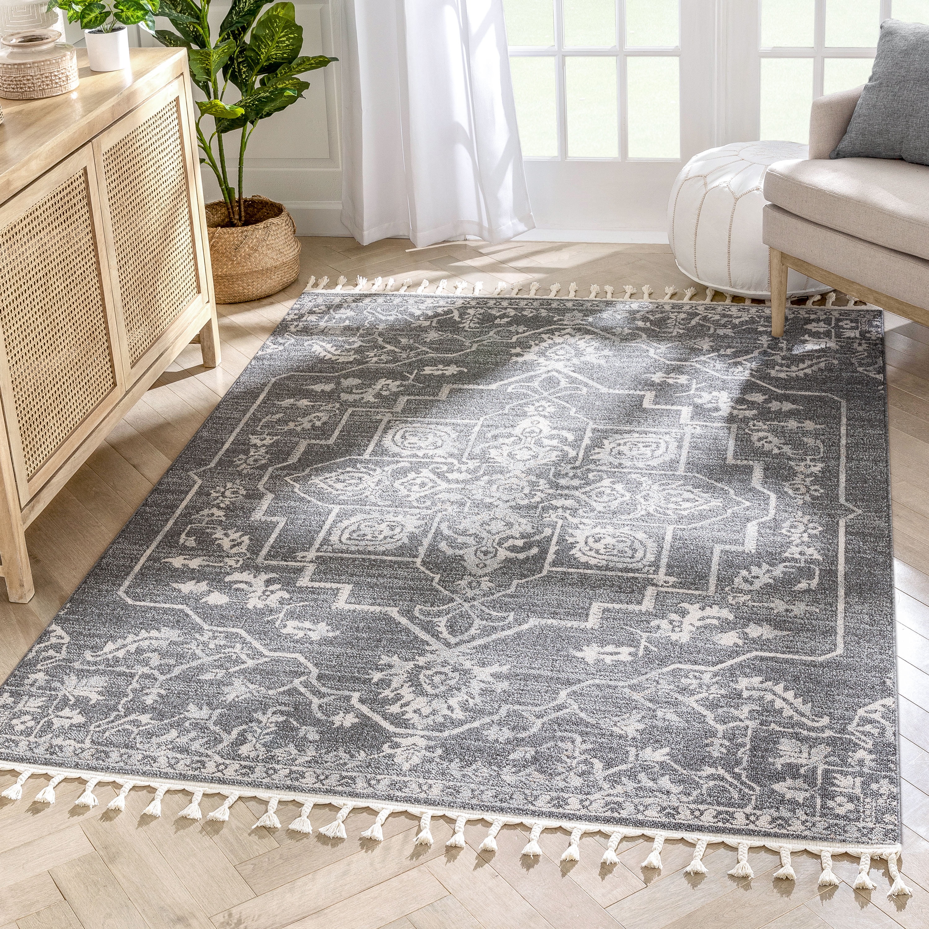 Loop Rugs Grey Well Woven Loop-De-Loop Valentina Medallion Botanical Gray Kilim-Style ...