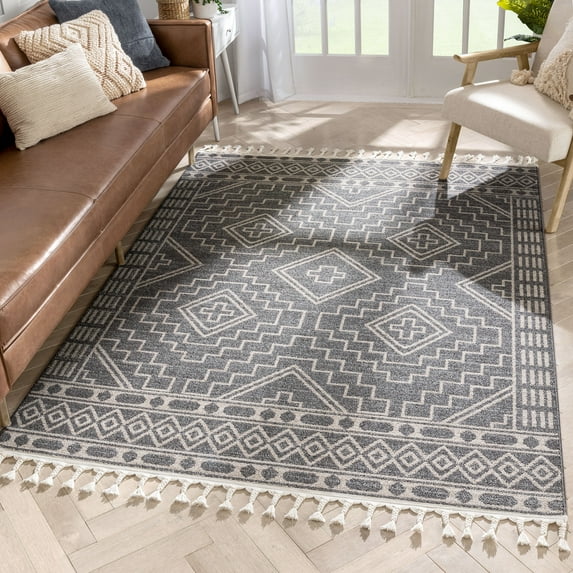 Well Woven Loop-De-Loop Zafer Tribal Geometric Pattern Charcoal Kilim-Style 5'3" x 7'3" Area Rug