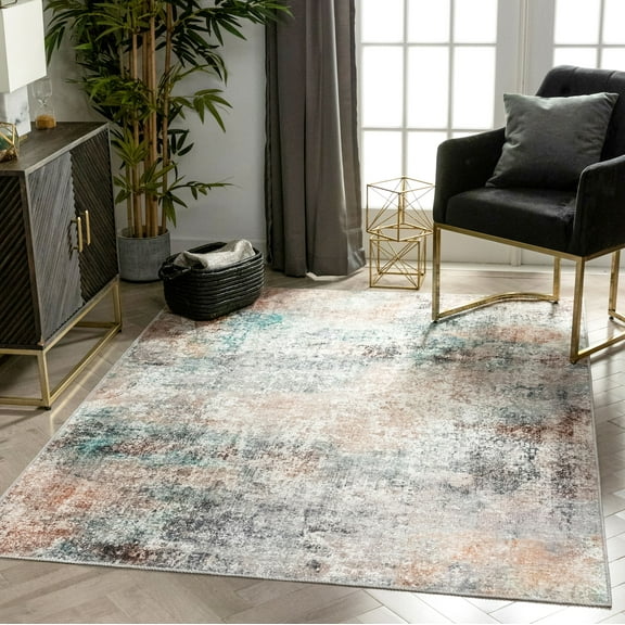 Well Woven Lotus Amesti Light Blue Contemporary Distressed Abstract 5'3" x 7'3" Machine Washable Flat-Weave Area Rug