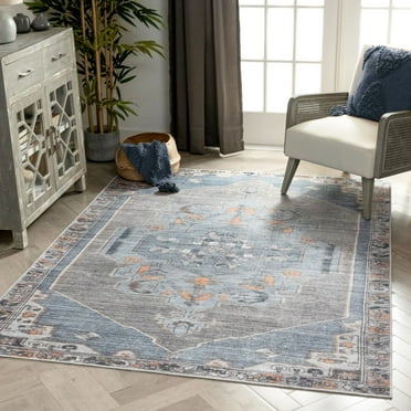 Well Woven Lotus Cambria Light Blue Vintage Medallion Oriental 5'3" x 7'3" Machine Washable Flat-Weave Area Rug