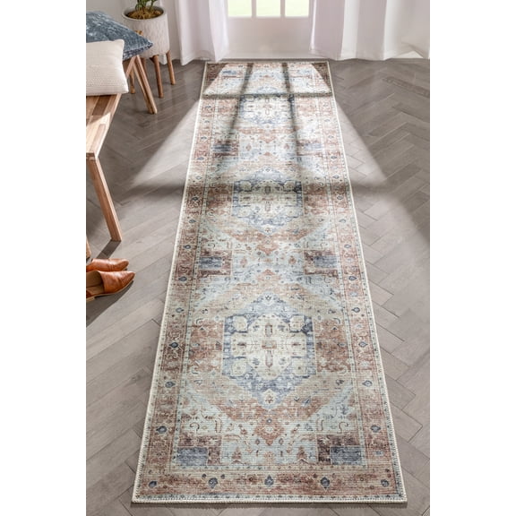Well Woven Lotus Binita Vintage Medallion Machine Washable Flat-Weave Distressed Ivory Rust 2'7" x 9'10" Runner Area Rug