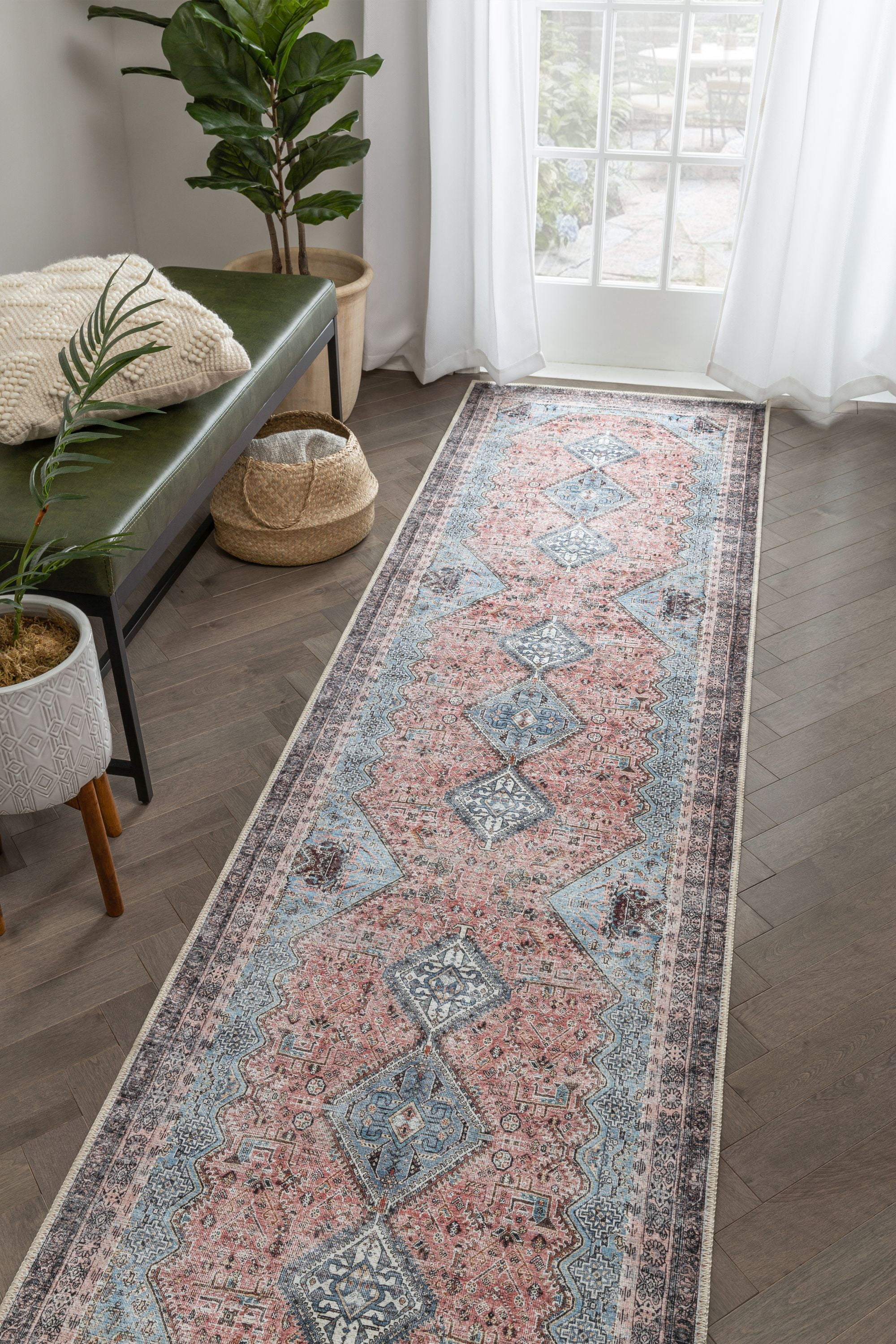 Light Blue and Pink Oriental Chenille Runner Rug