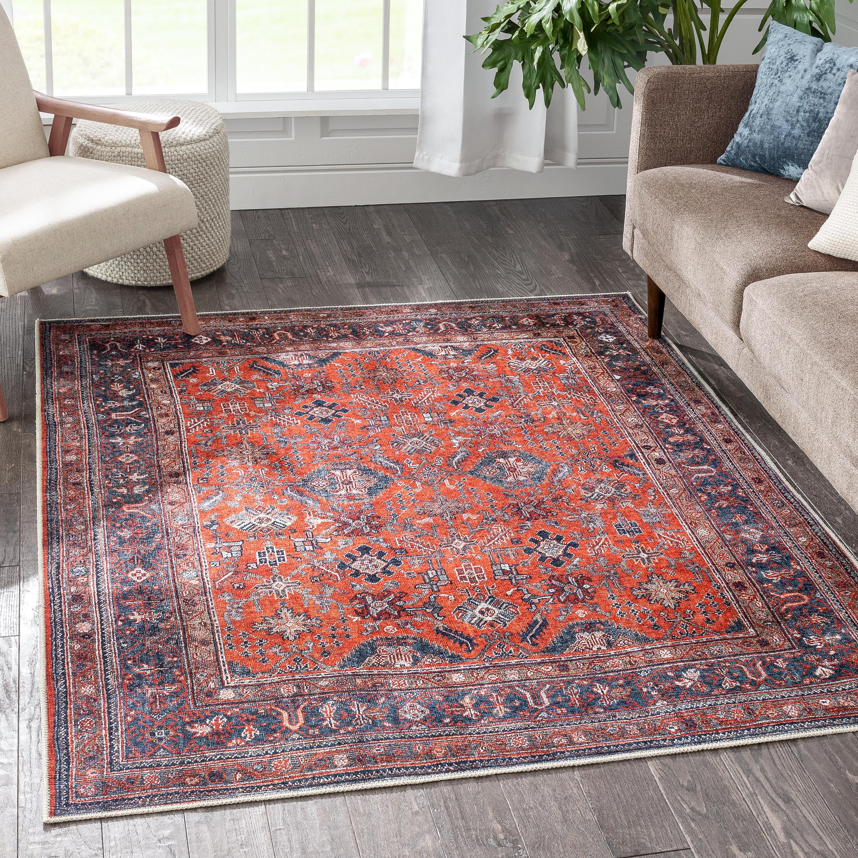 Well Woven Lotus Oriental Vintage Area Rug, 5.3' x 3.11', Recycled Cotton Backing, Durable And Easy To Clean, Flat Pile With A Soft Texture.
