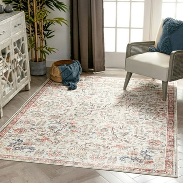 Well Woven Lotus Pomona Ivory Vintage Medallion Botanical Border 5'3" x 7'3" Machine Washable Flat-Weave Area Rug