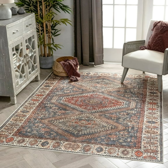 Well Woven Lotus Ripon Blue Red Vintage Medallion Botanical Border 5'3" x 7'3" Machine Washable Flat-Weave Area Rug