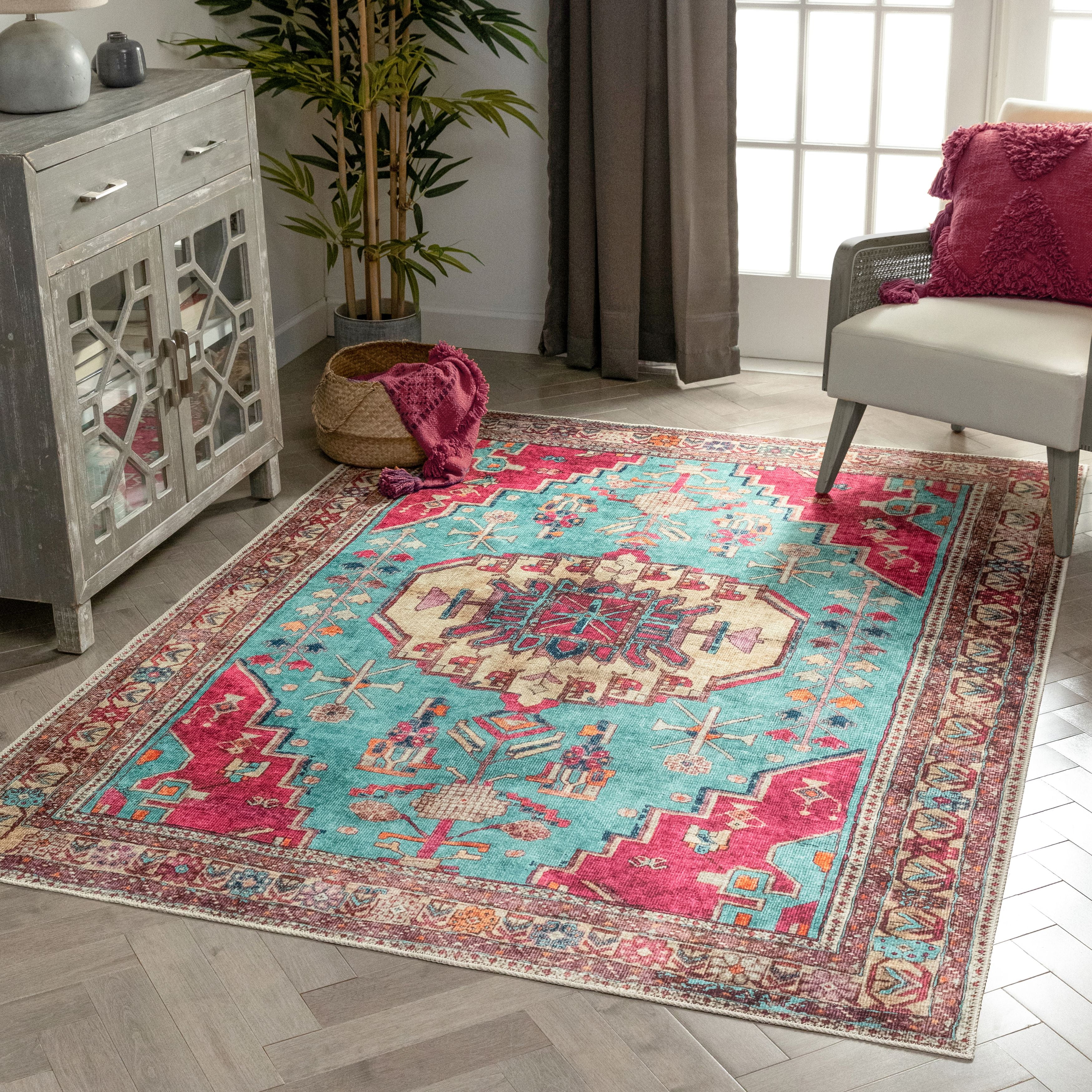 Red and Turquoise Cotton Synthetic Oriental Runner Rug