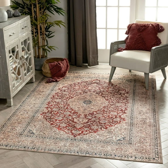 Well Woven Lotus Tonti Red Vintage Medallion Oriental 5'3" x 7'3" Machine Washable Flat-Weave Area Rug