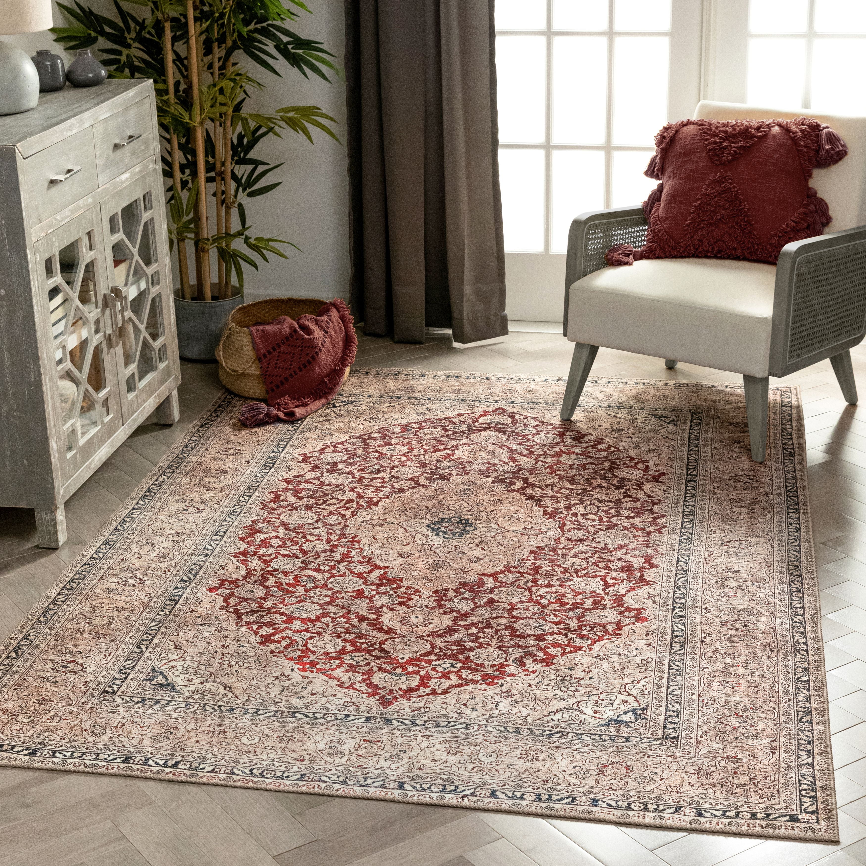 Lotus Tonti Red Vintage Medallion 7'10" x 9'10" Washable Area Rug