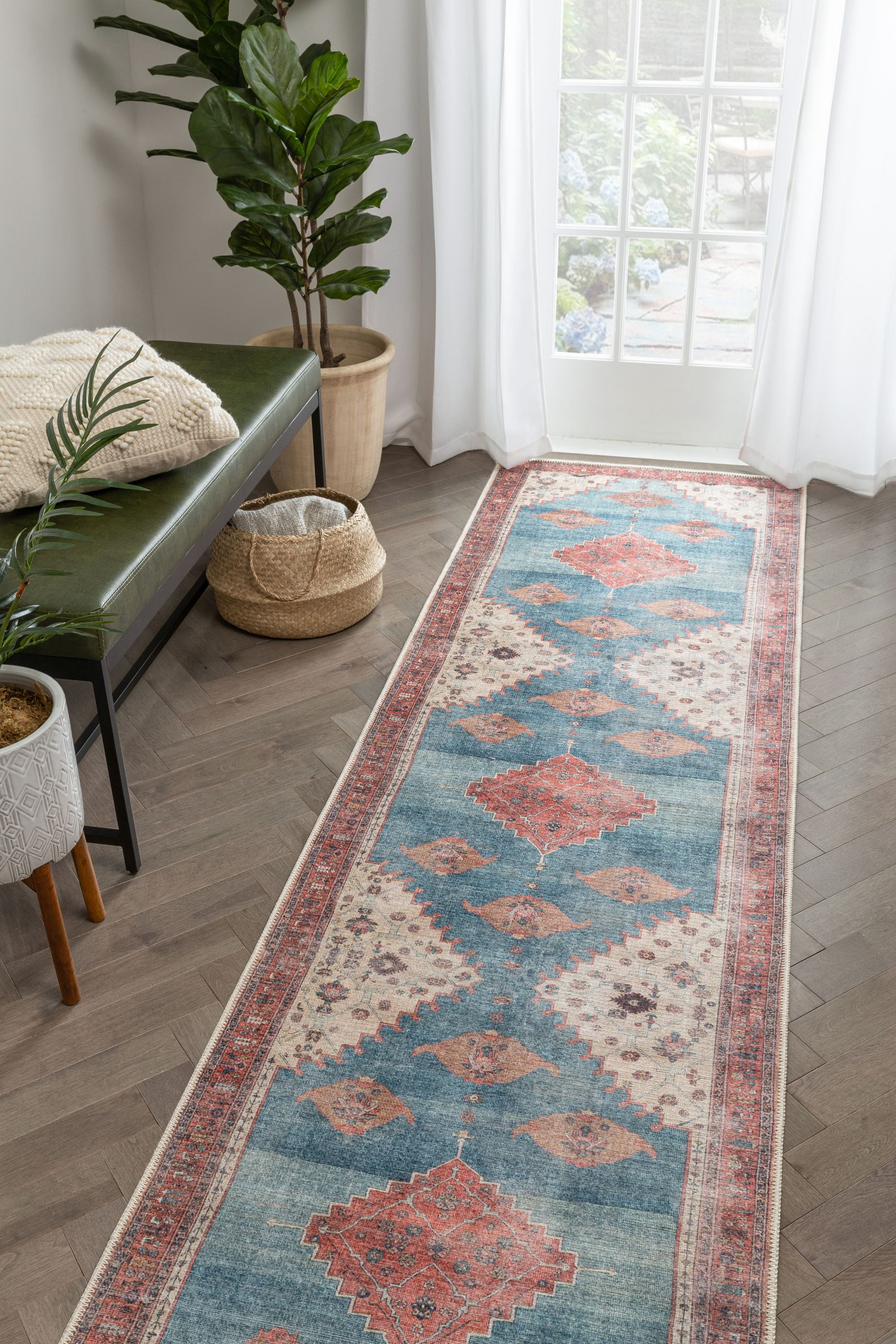 Well Woven Lotus Towne Terra Blue Vintage Medallion Persian 2'7" x 9'10" Runner Machine Washable Flat-Weave Area Rug