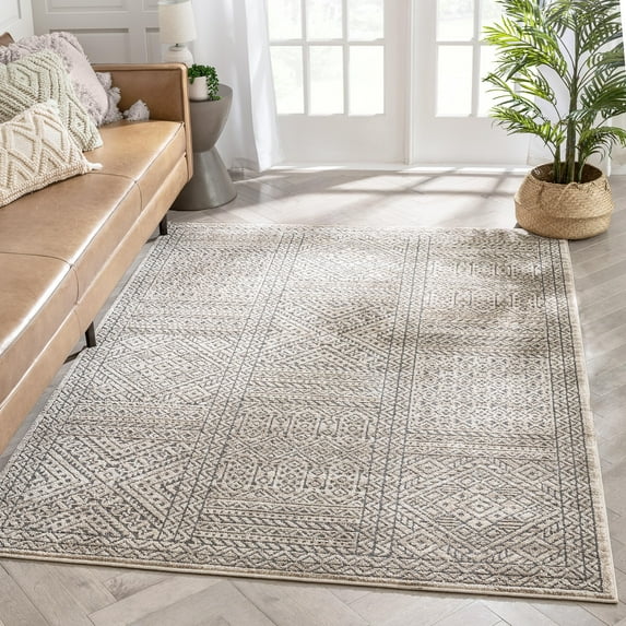 Well Woven Luda Beige Tribal Geometric Distressed High-Lo Pile Area Rug 5x7 (5'3" x 7'3")