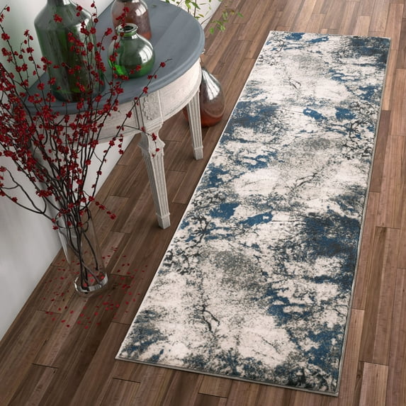 Well Woven Luxbury Supurasshu Modern Distressed Abstract Blue 2'3" x 7'3" Runner Rug