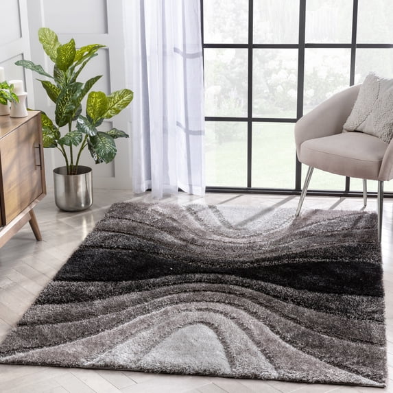 Well Woven Luze Black Hourglass Waves Geometric Thick Soft Plush 3D Textured Shag Area Rug 8x10 (7'10" x 9'10")