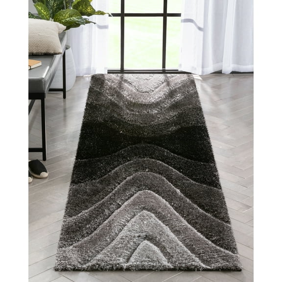 Well Woven Luze Black Hourglass Waves Geometric Thick Soft Plush 3D Textured Shag Runner 2x7 (2'3" x 7'3")