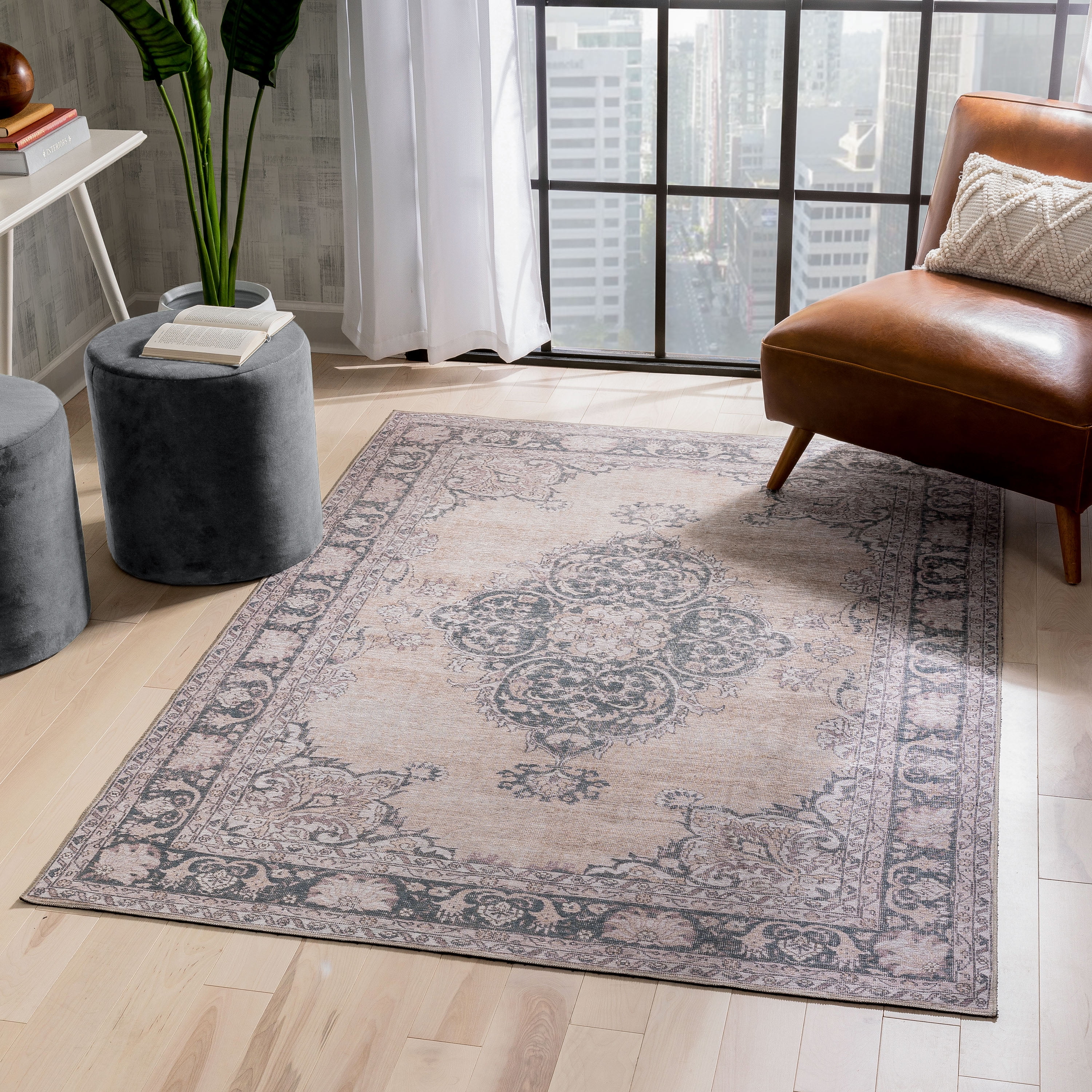 Beige Medallion Cotton-Synthetic 5' x 7' Easy-Care Area Rug