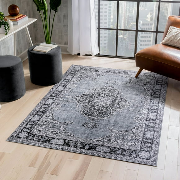 Well Woven Machine Washable Nile Tarifa Vintage Bohemian Medallion Floral Border Grey 5' x 7' Area Rug