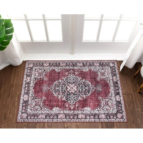 Well Woven Machine Washable Nile Tarifa Vintage Bohemian Medallion Floral Border Red 2'6" x 3'9" Accent Doormat