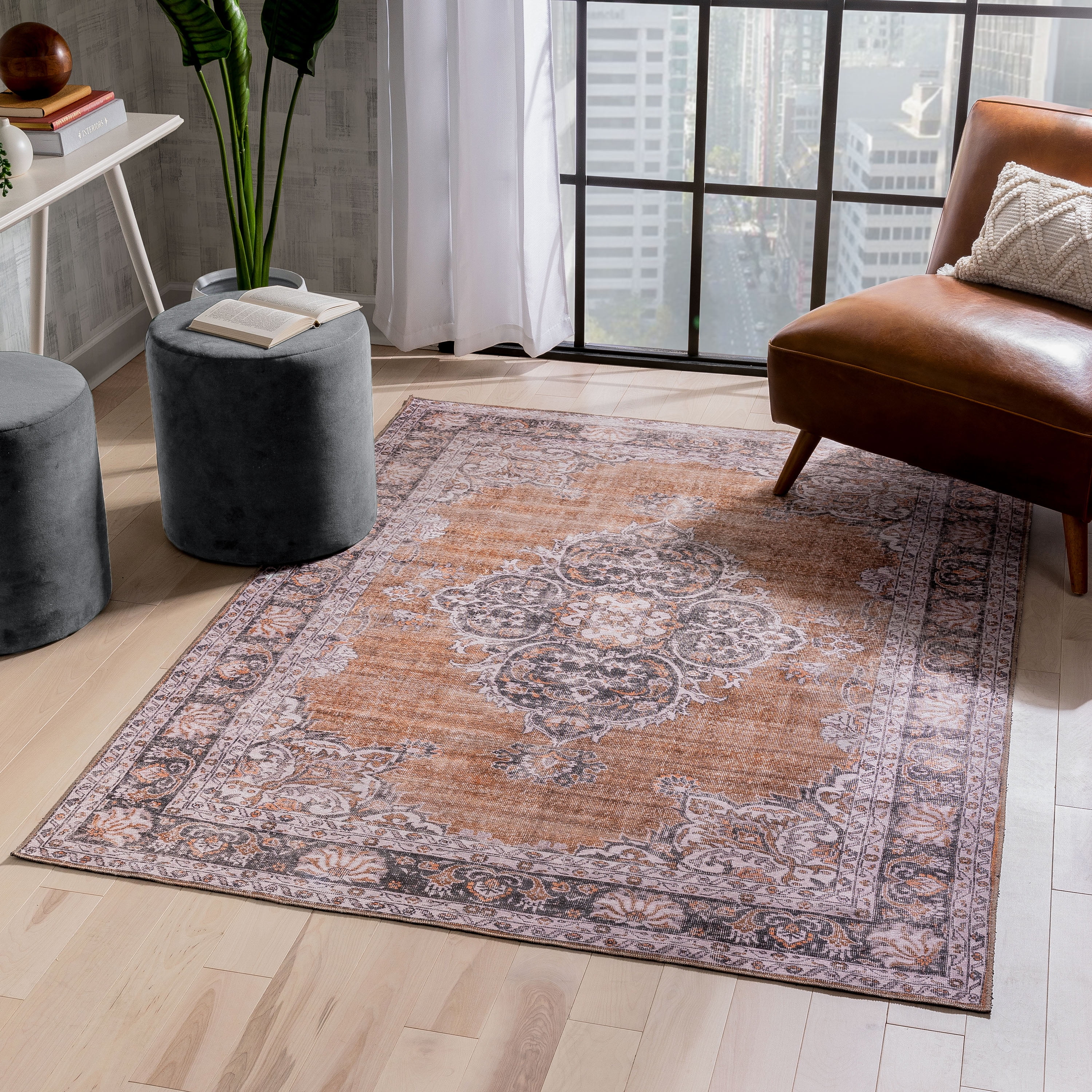 Rust and Gray Medallion 5' x 7' Washable Area Rug