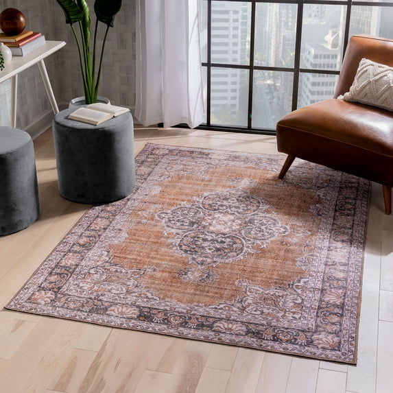 Well Woven Machine Washable Nile Tarifa Vintage Bohemian Medallion Floral Border Rust 5' x 7' Area Rug
